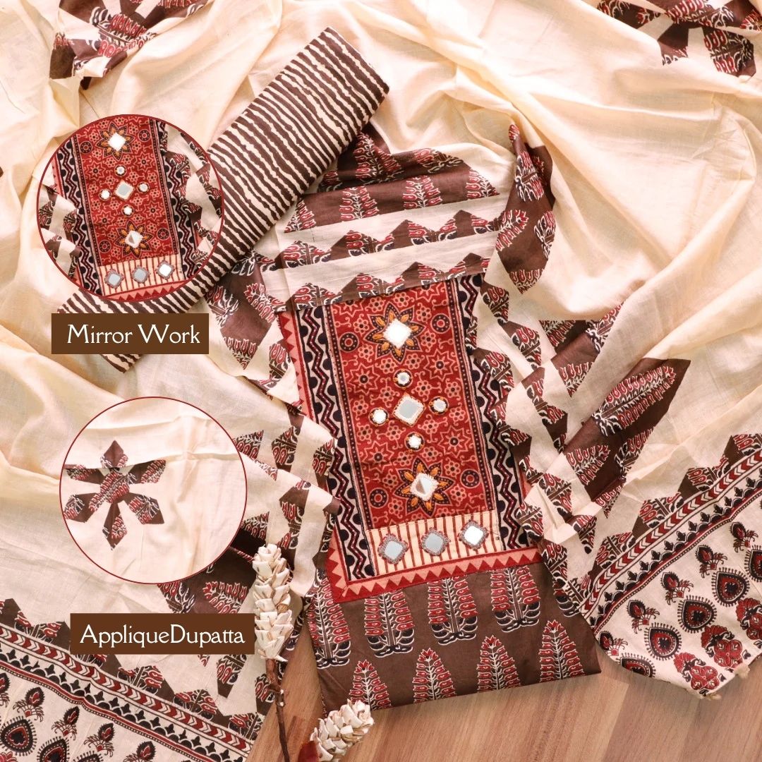 Kakaswi Khaki Brown Mirror with Ajrak Print Patch Work Printed Cotton Suit Set
