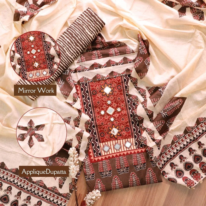 Kakaswi Khaki Brown Mirror with Ajrak Print Patch Work Printed Cotton Suit Set
