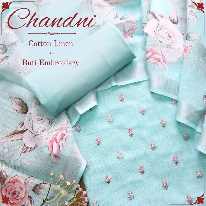 Chandni Sea Form Thread Floral Buti Work Cotton Linen Suit Set