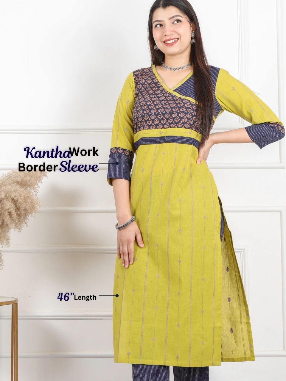 Hanniyaan Minty Yellow Angrakha Neck Work Handloom Cotton Kurti-D2