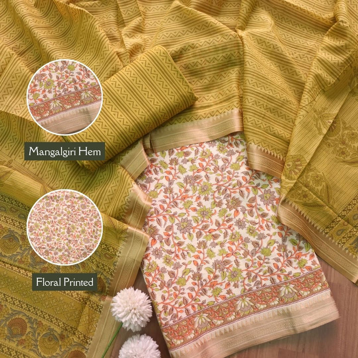 जीनत White with Olive Green Floral Printed Mangalgiri Hem Work Cotton Suit Set