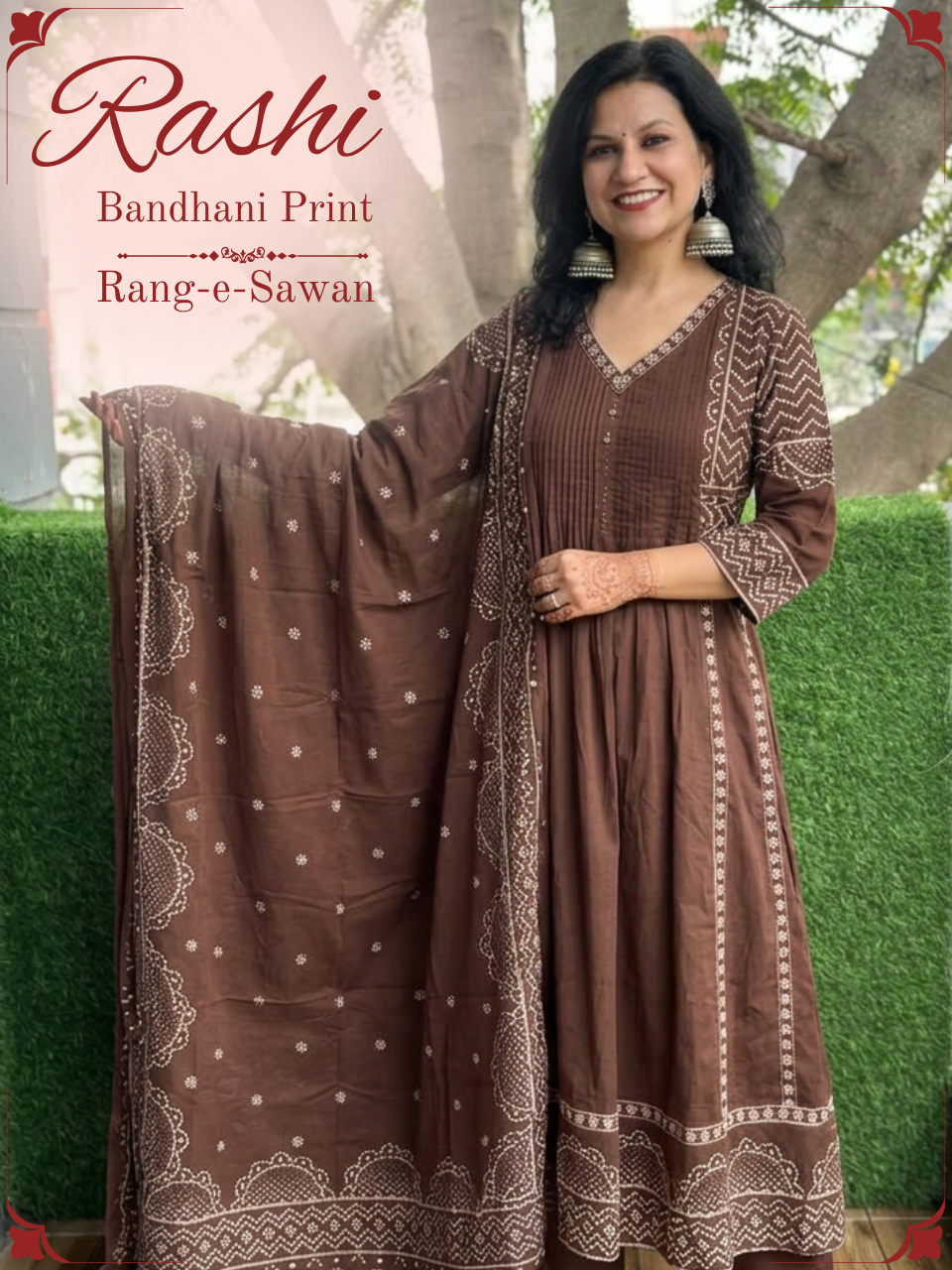 Rashi Choco Brown Bandhani Gathered Cotton 3 PIece Set