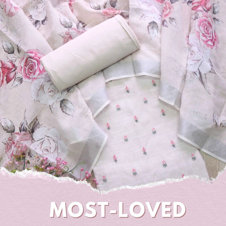 Deedar Ivory White Floral Embroidery Buti Work Cotton Linen Suit Set