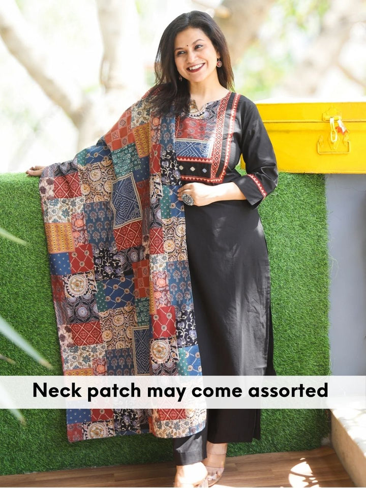 Gulkand Paint Black Ajrak Patches Neck Work with Mirror Cotton 3 Piece Set
