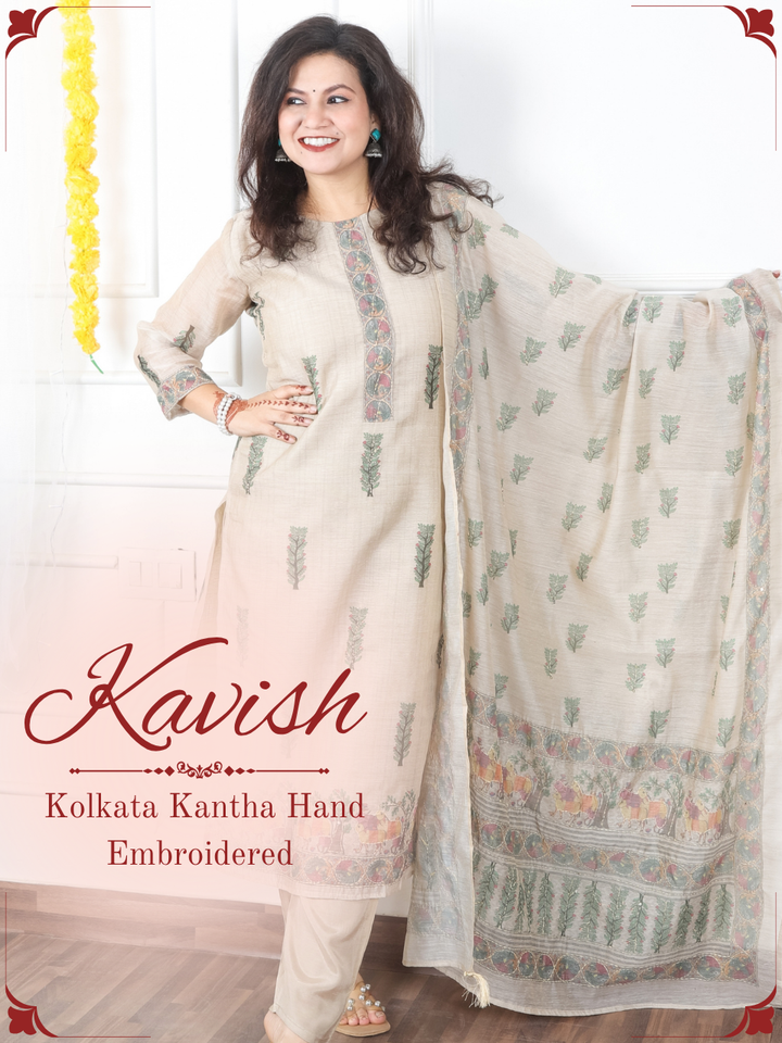 Kavish Sand Beige Printed Hem with Kantha Work Detailing Chanderi 3 Piece Set