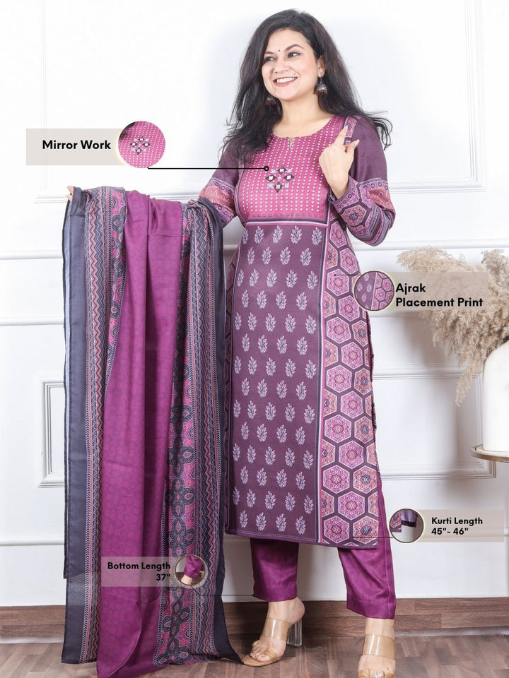 सुनहरी Purple Ajrak Placement Print with Mirror Semi Pashmina Winter 3 Piece Set