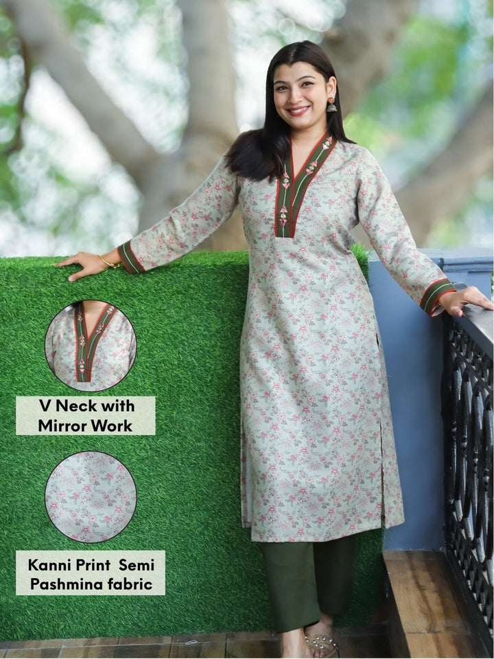 Pranjali Fern Green V Mirror Work Kanni Print Semi Pashmina Winter Kurti