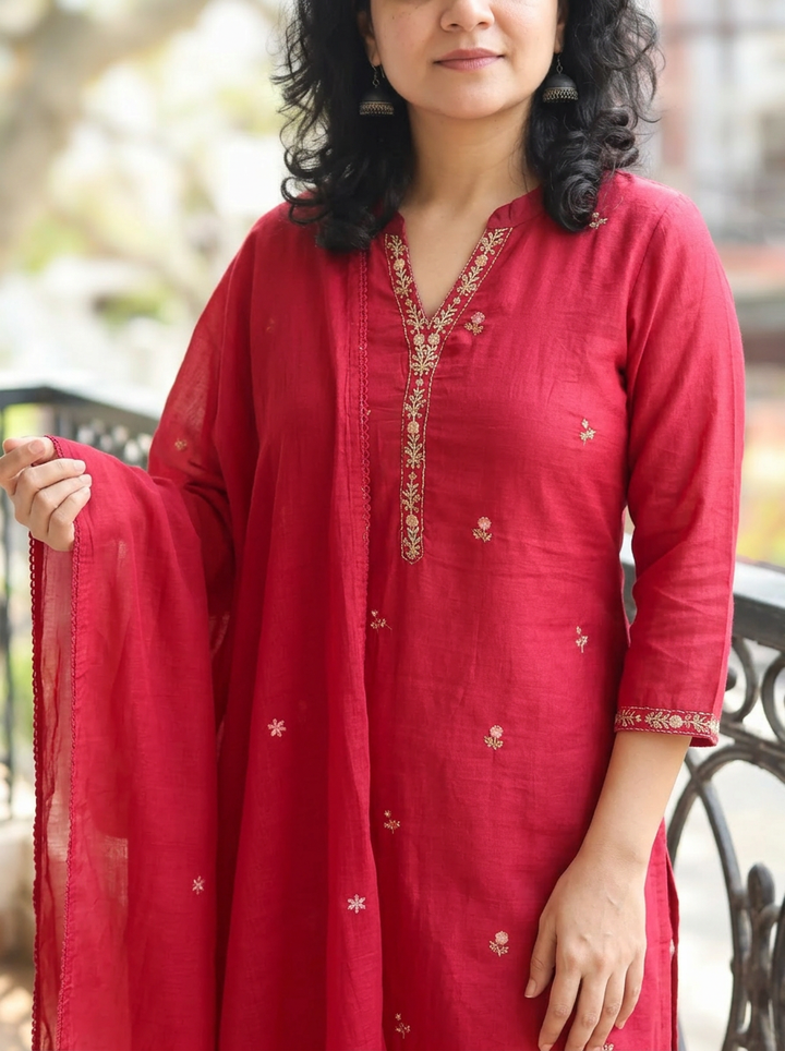 Rimjim Berry Red Embroidered Hem Mul Cotton Set
