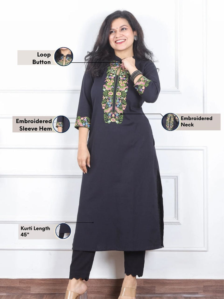 Khawb Onyx Black Floral Thread Embroidered Neck Cotton Flex Kurti