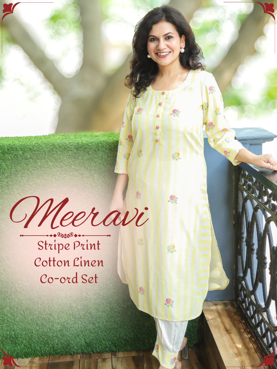 Meeravi Yellow White Stripe Print Cotton Linen Co-ord Set
