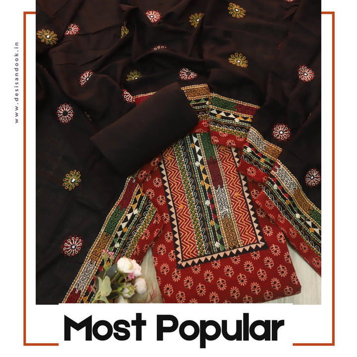 Khairiyat Cherry Red Kutch Patch Work Cotton Top With Cotton Dupatta Set D2