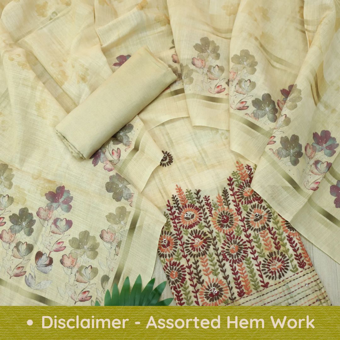 Zulfa Mellow Yellow Digital Printed Kantha Embriodery Hem Tissue Linen Suit Set