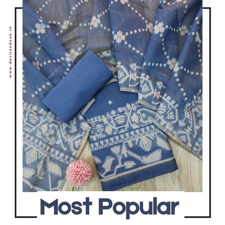 Tejasvi Stone Blue Authentic Jamdani Weaved Detailing Suit Set