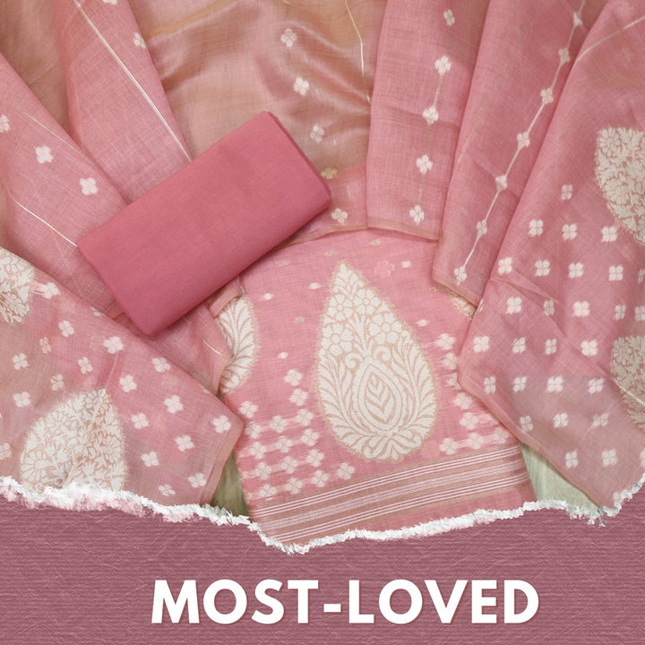 Rubaroo Flamingo Pink All Over Zari Weaved Jamdani Suit Set