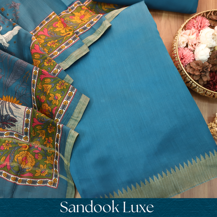 Pulvi Cerulean Blue Temple Style Jute Sleeve Work Maheswari Chanderi Set