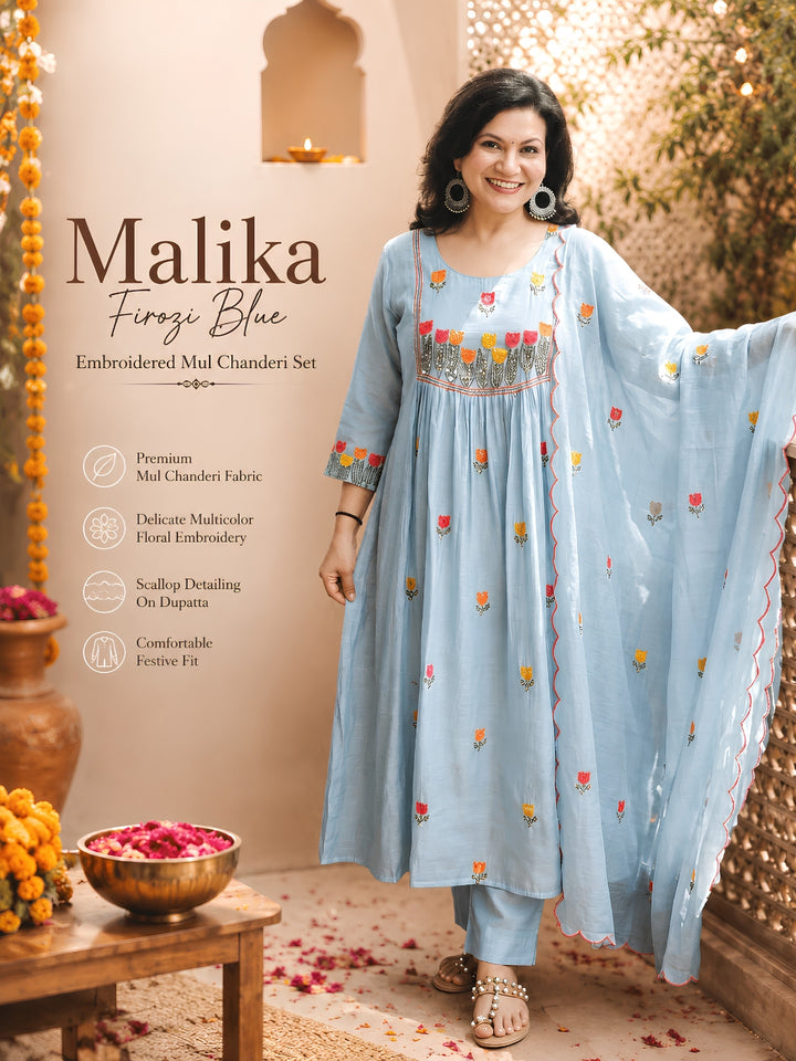 Malika Firozi Blue Embroidered Mul Chanderi Set