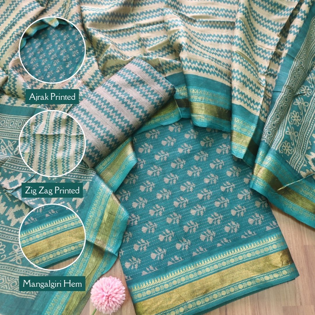 Zinat Fade Cyan Teal Digital Printed Mangalgiri Hem Work Cotton Suit Set