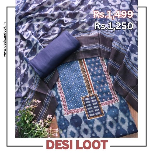 Adaa Indigo Blue Embellished Neckline in Dabu Printed Cotton Suit Set