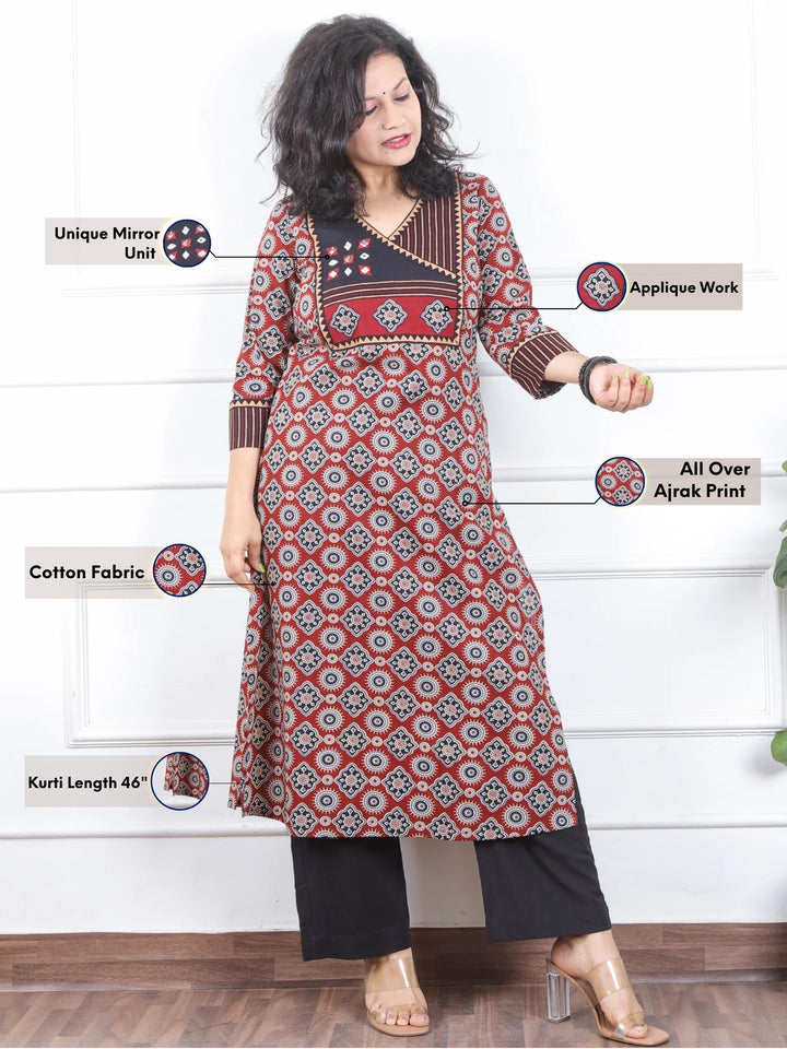 Dilbara Ruby Red Angrakha Neck with Mirror Ajrak Printed Cotton Kurti