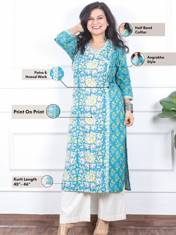 Naari Ocean Sea Form Angrakha Style Neck Floral Printed Cotton Kurti