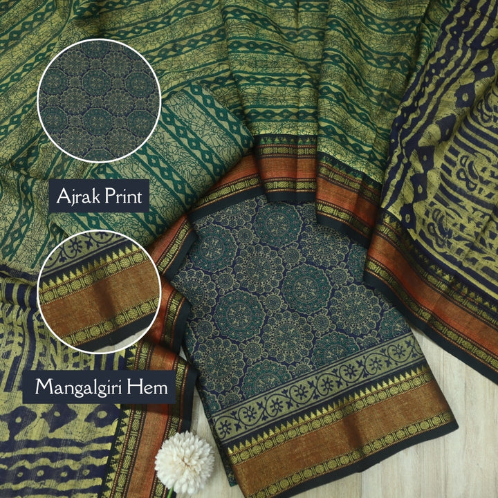 हीरल Dark Blue Ajrak Printed Mangalgiri Hem Work Cotton Suit Set