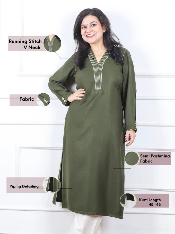 Bloosom Olive Green Running Thread Neck Work Semi Pashmina Winter Kurti