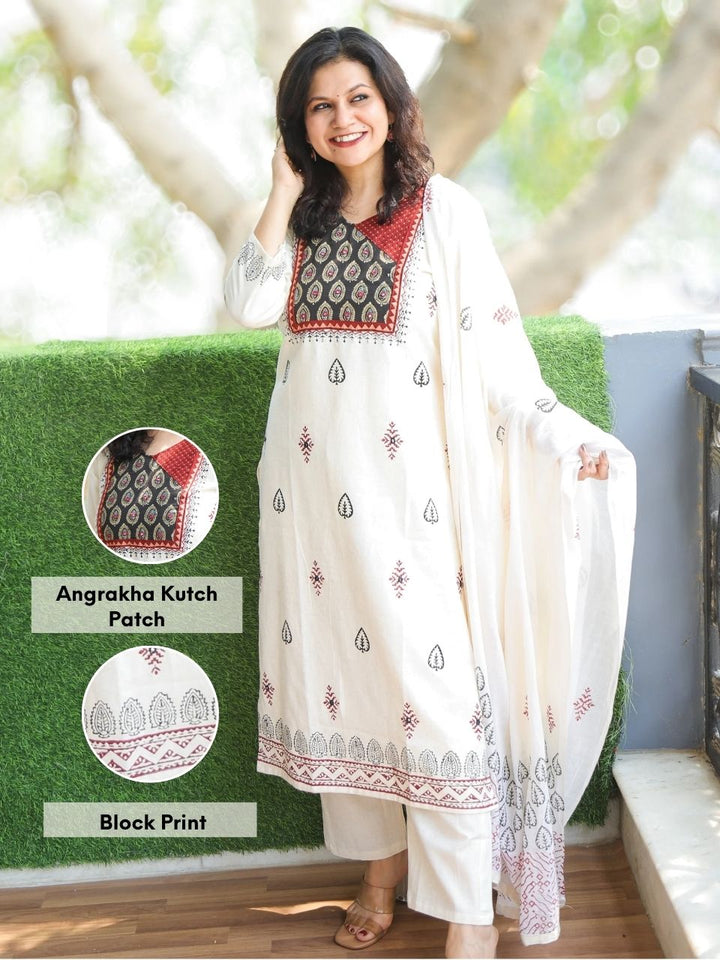 Chanda Shell White with Red Kutch Work Angrakha Patch Block Print Cotton 3 Piece Set