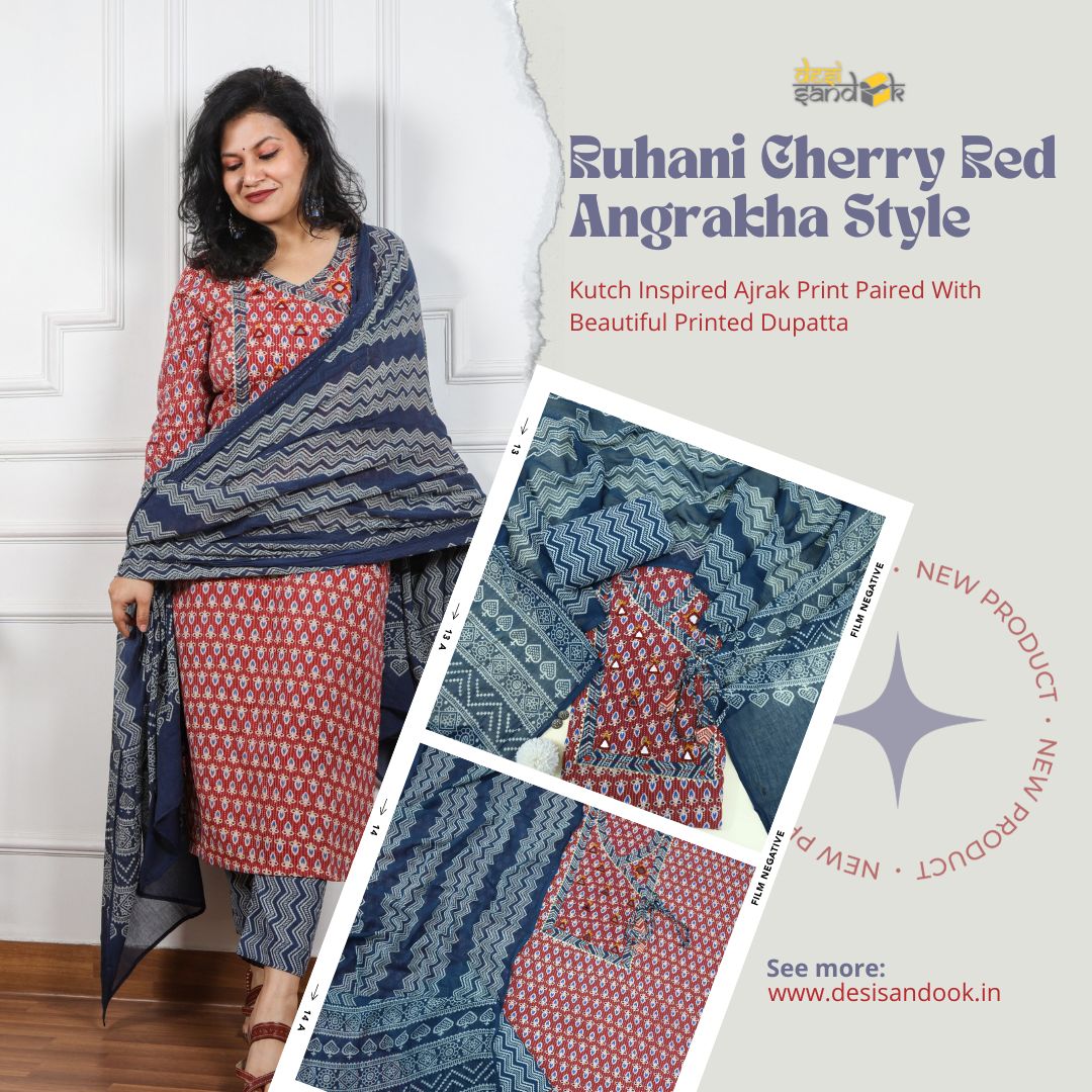 Ruhani Cherry Red Angrakha Style with Mirror Work Cotton Suit Set