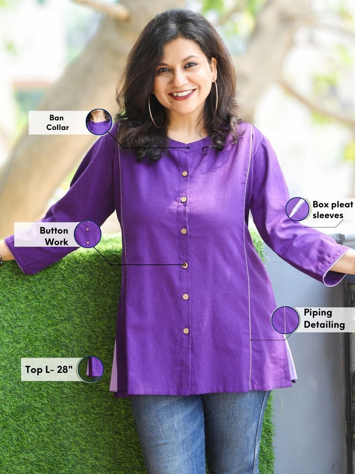 Rani Orchid Purple Ban Collar with Piping and Button Work Short Cotton Shirt