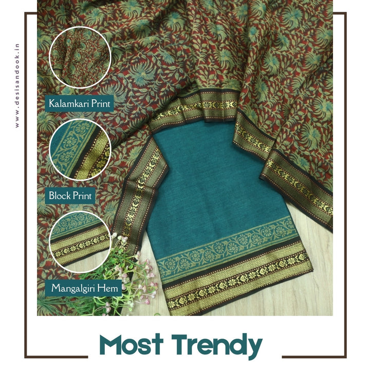 इश्कखुमारी Deep Ocean Blue Mangalgiri Hem Work Cotton Suit Set