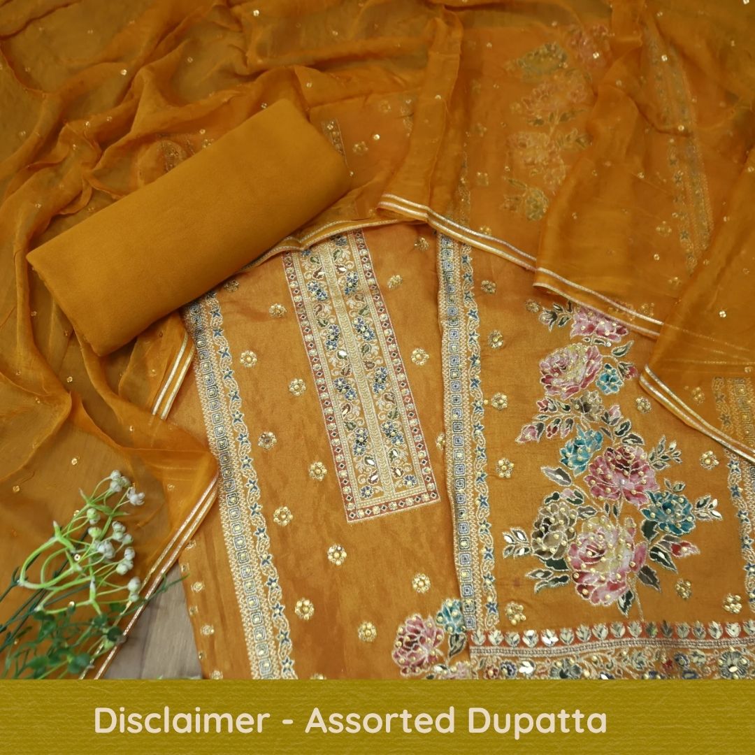 Saundarya Mustard Yellow All Over Zari Work with Jacquard Weaved Dola Silk Suit Set
