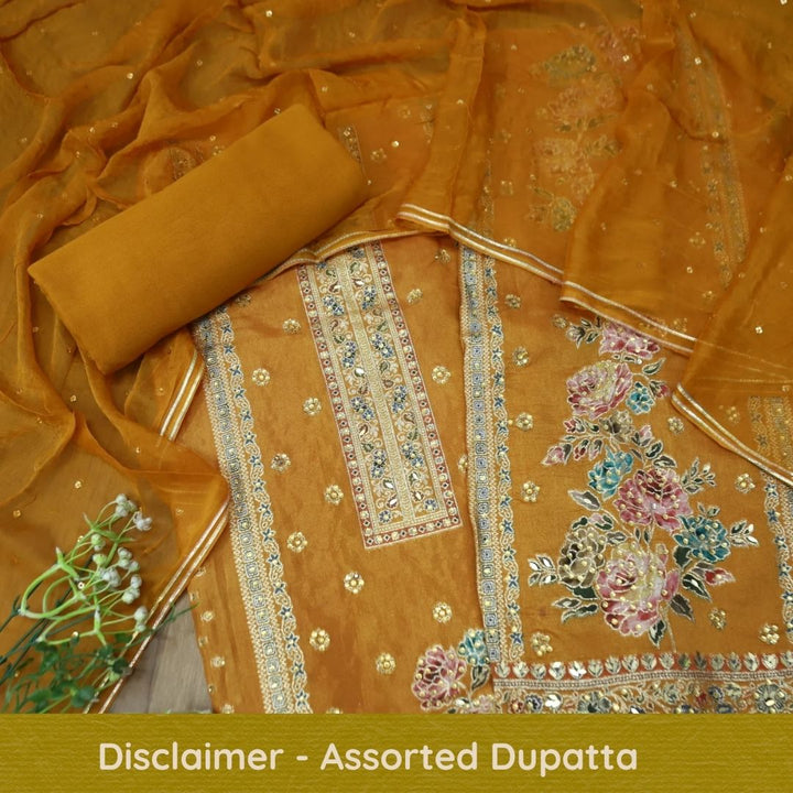 Saundarya Mustard Yellow All Over Zari Work with Jacquard Weaved Dola Silk Suit Set