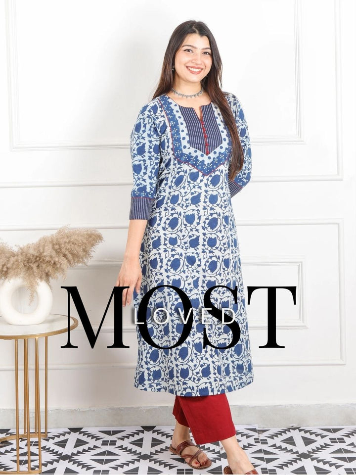 Raavi Indigo Blue Dabu Print Round Neck Kutch Work Cotton Kurti-D3