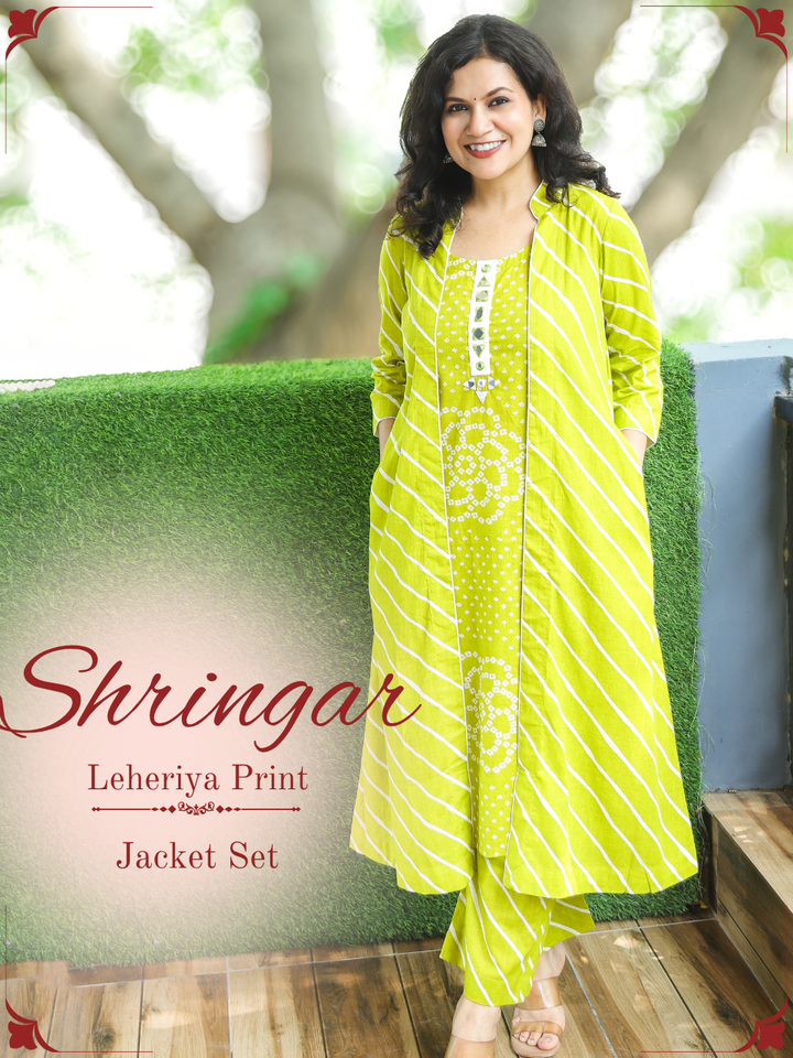 Shringar Green Bandhani and Leheriya Jacket Co-ord Set