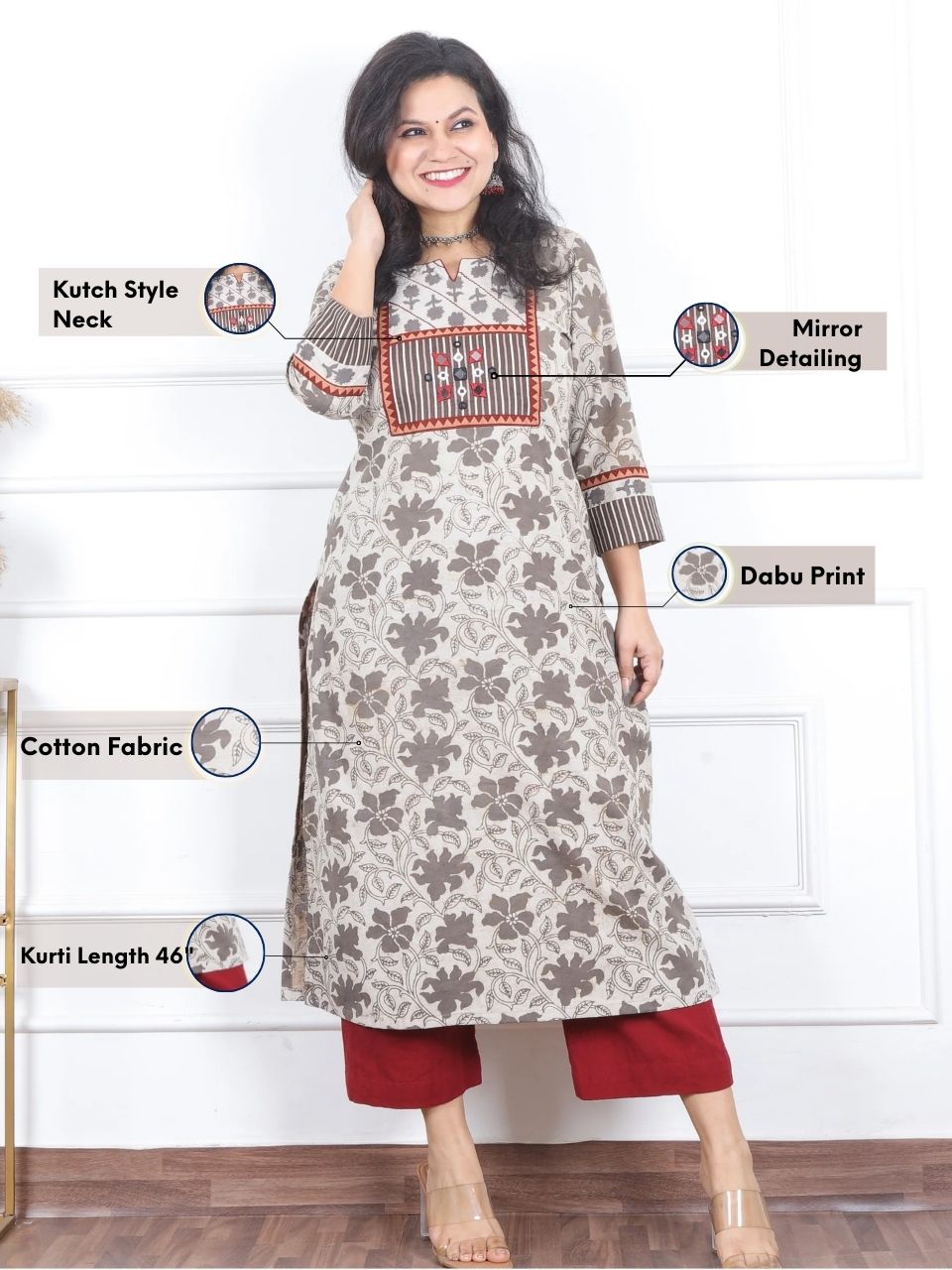 Kranti Hazel Beige in Mirror Work Detailing Neck Dabu Print Cotton Kurti