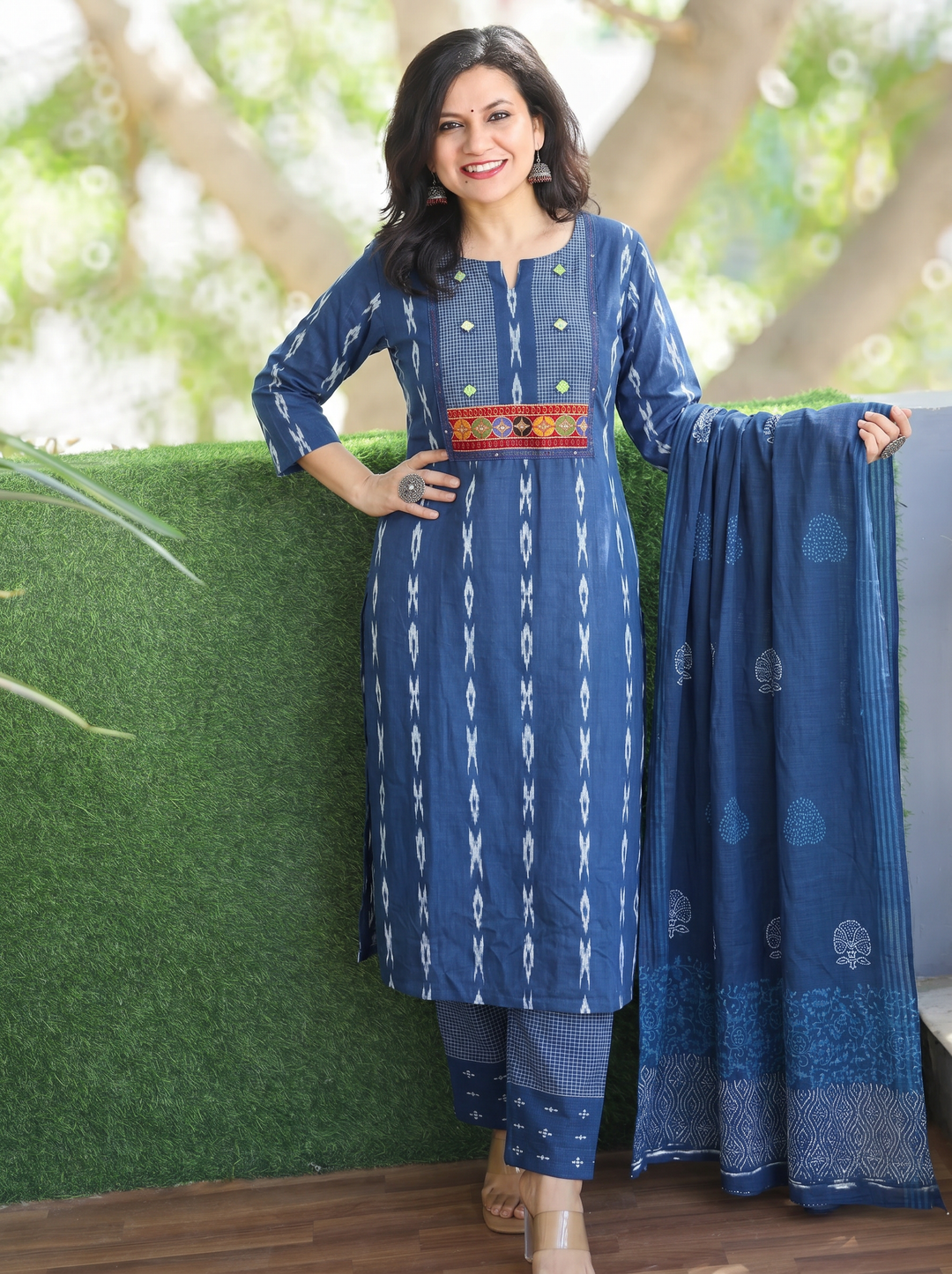 Radhika Navy Blue Mirror Embroidered Cotton 3 Piece Set