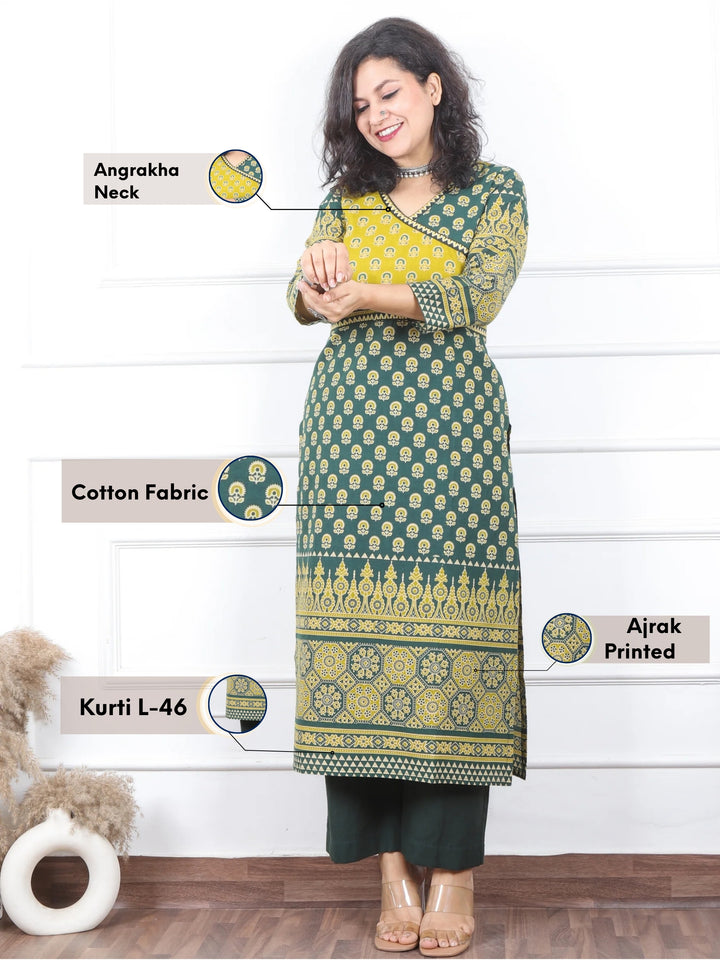 Shaniya Bottle Emerald Angrakha Neck Style Ajrak Printed Cotton Kurti