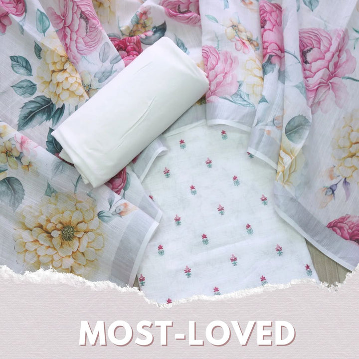 Deedar Pearl White Floral Embroidery Buti Work Cotton Linen Suit Set