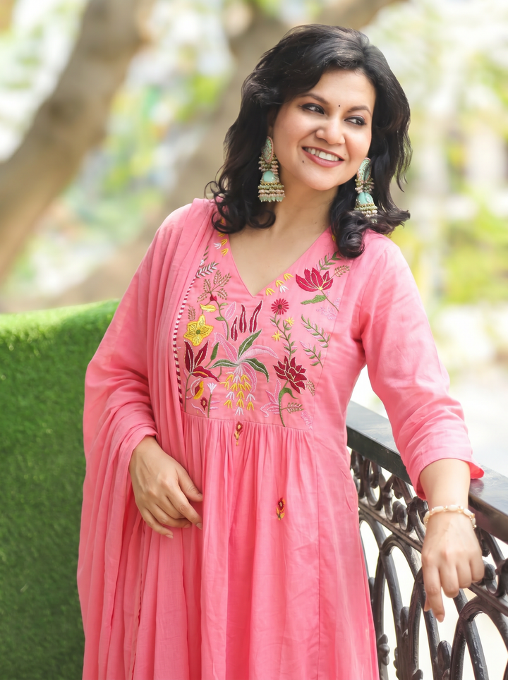 Shiwangi Candy Pink Embroidered Mul Cotton 3 Piece Set