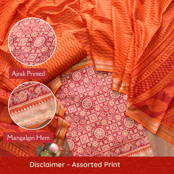 Zinat Coral Orange Ajrak Printed in Mangalgiri Hem Work Cotton Suit Set-D2