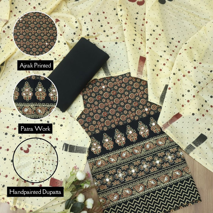 Aayena Ebony Black Patra Detailing in Ajrak Printed Cotton Suit Set-D2