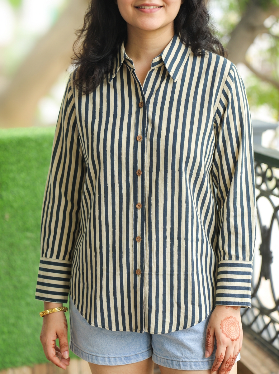 Himani Black White Stripe Print Wood Button Cotton Shirt