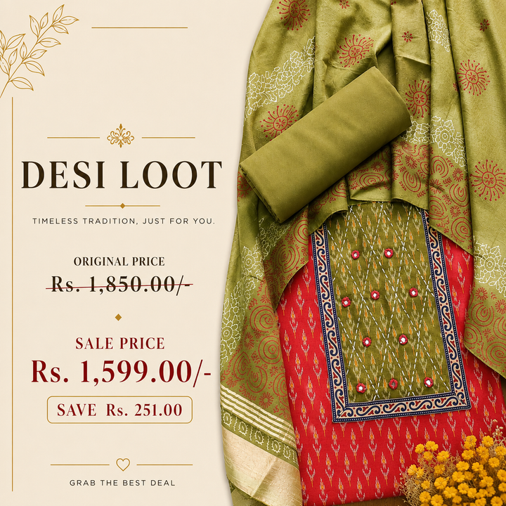 Sangroop Berry Red with Green Ikkat Printed Cotton Suit Set