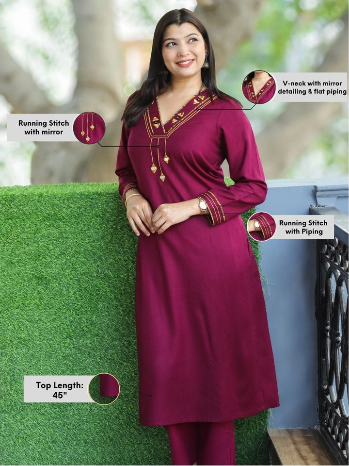 Anjali Dark Wine V Neck with Mirror in Patch Work Semi Pashmina Winter Kurti