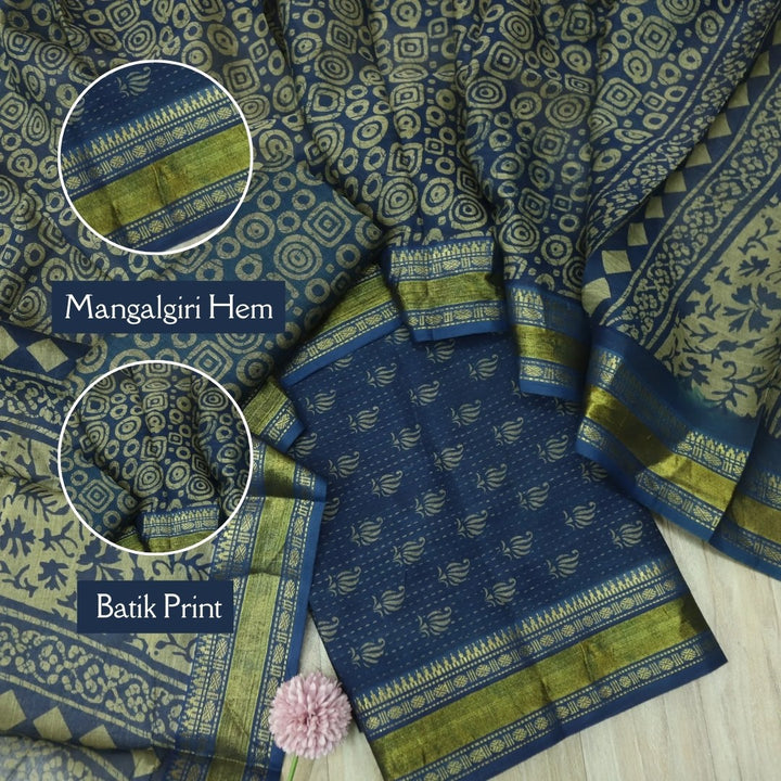 दिपशा Prussian Blue Digital Printed Mangalgiri Hem Work Cotton Suit Set