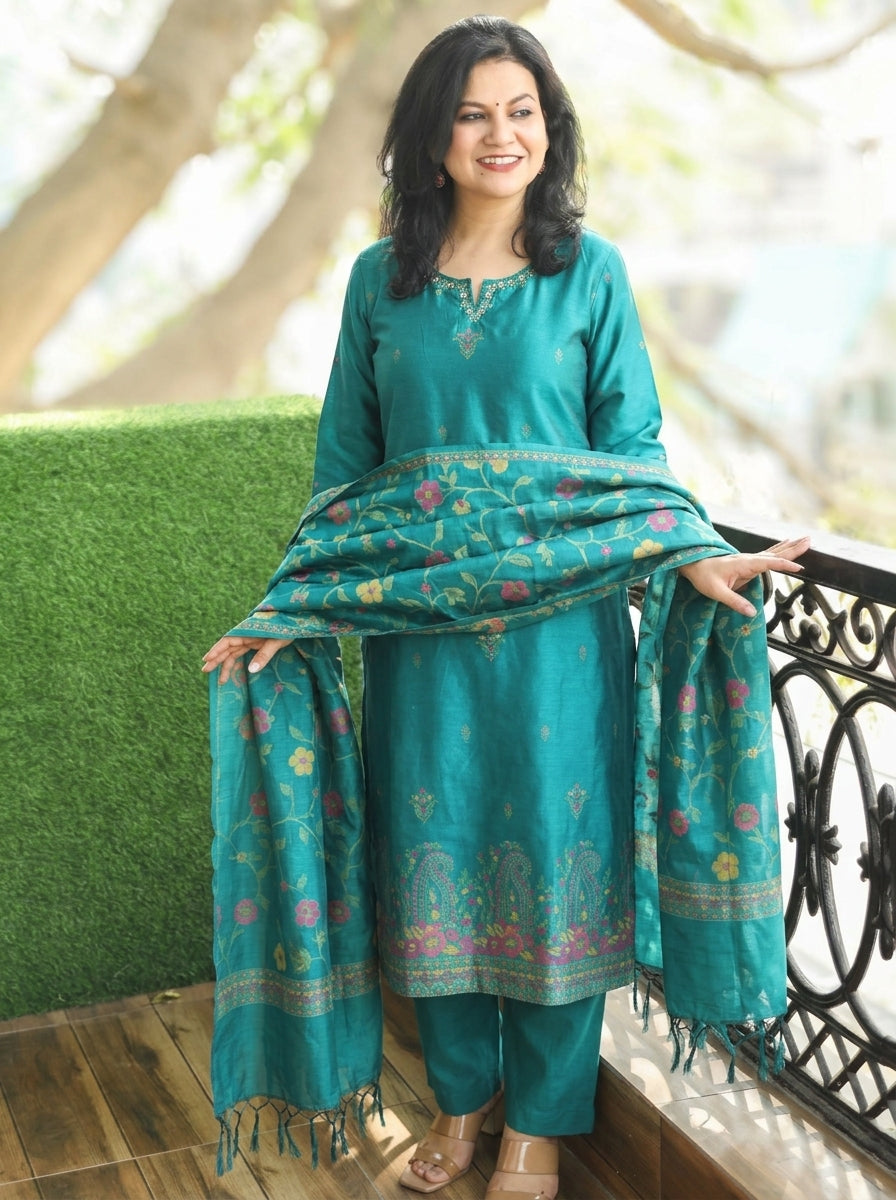 Nishroop Teal Floral Weaved Jamdani 3 Piece Set