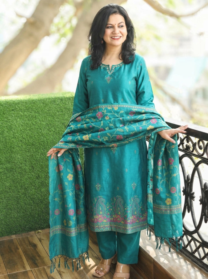Nishroop Teal Floral Weaved Jamdani 3 Piece Set