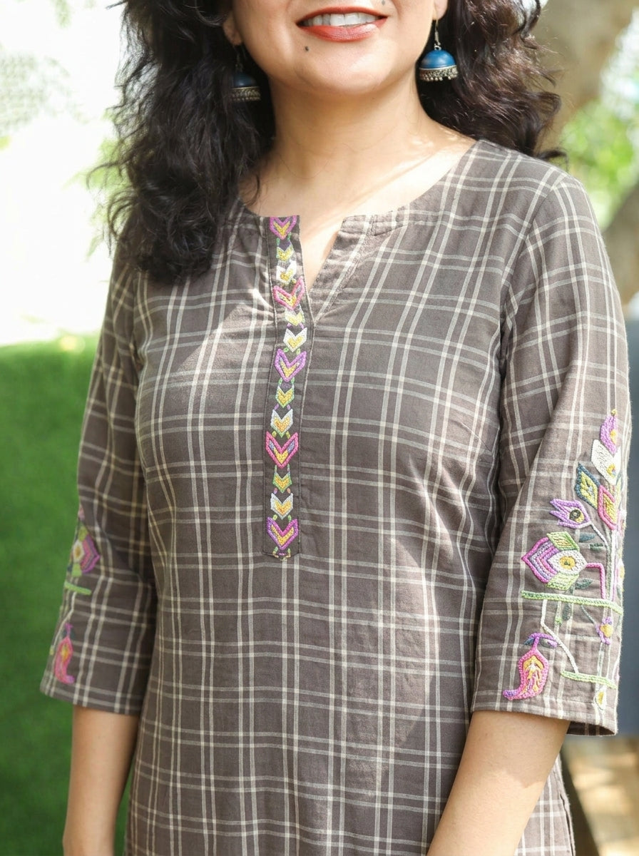 Prushna Tan Beige Embroidered Check Print Cotton Co-ord Set