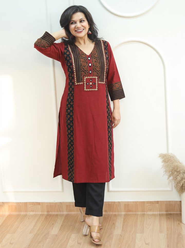 Drishti Berry Red Triple Panel Ajrak Yoke with Mirror Cotton Kurti