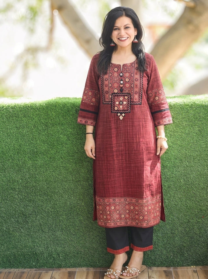 Revika Apple Red Ajrakh Yoke Brush Print 2 Piece Set